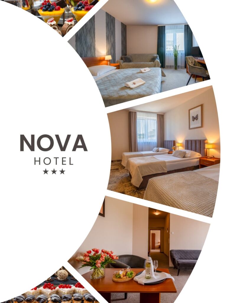 Kolaż zdjęć przedstawiających wnętrza Nova Hotel w Radomiu – recepcja, pokój gościnny i logo